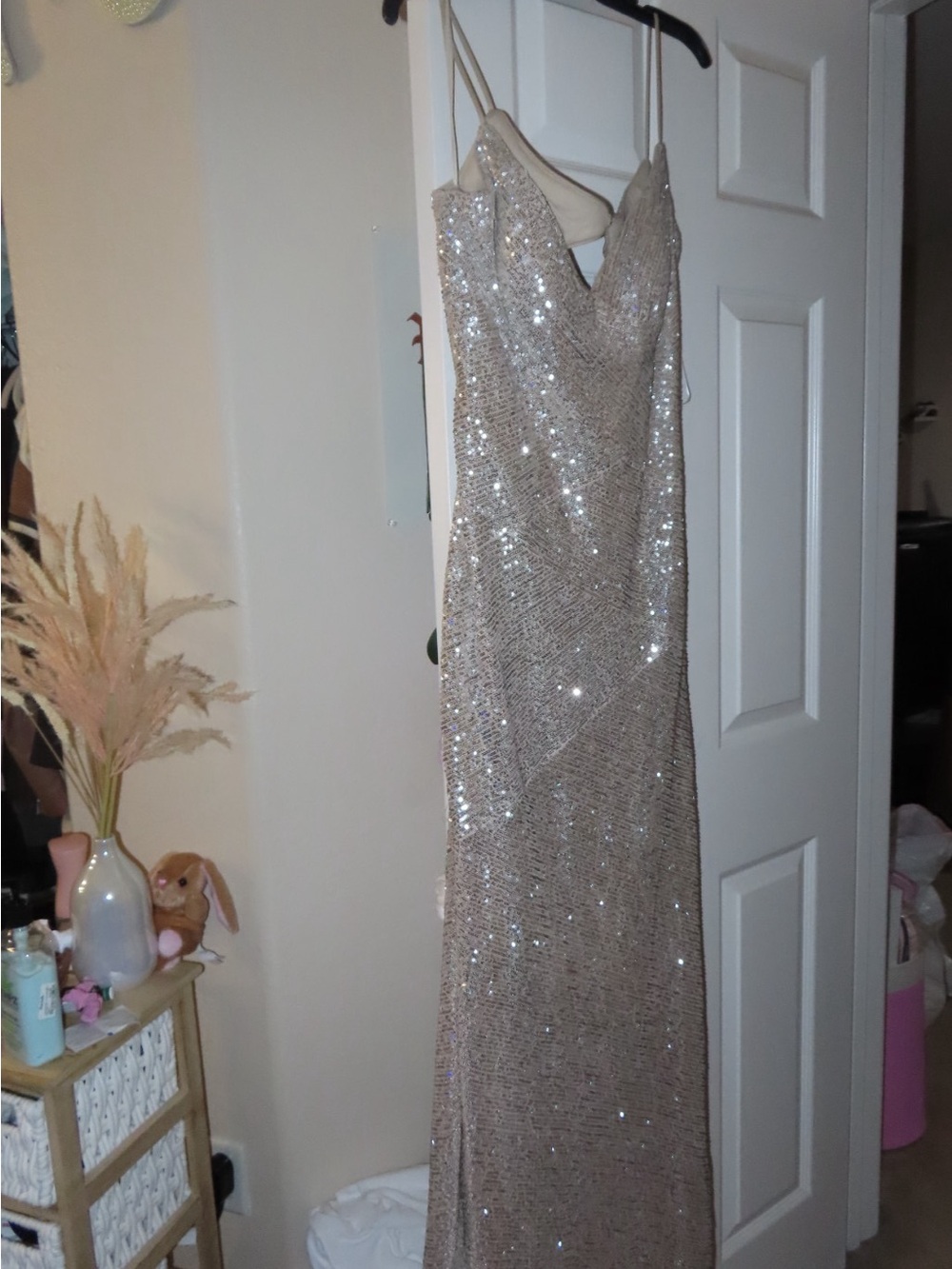 La Femme Champagne Sequin Prom Gown